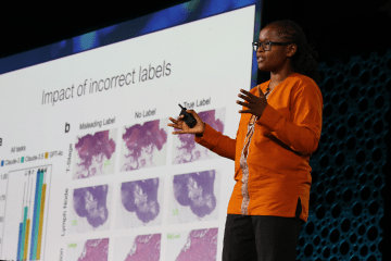 Speaker at conference plenary with large printed chart behind them